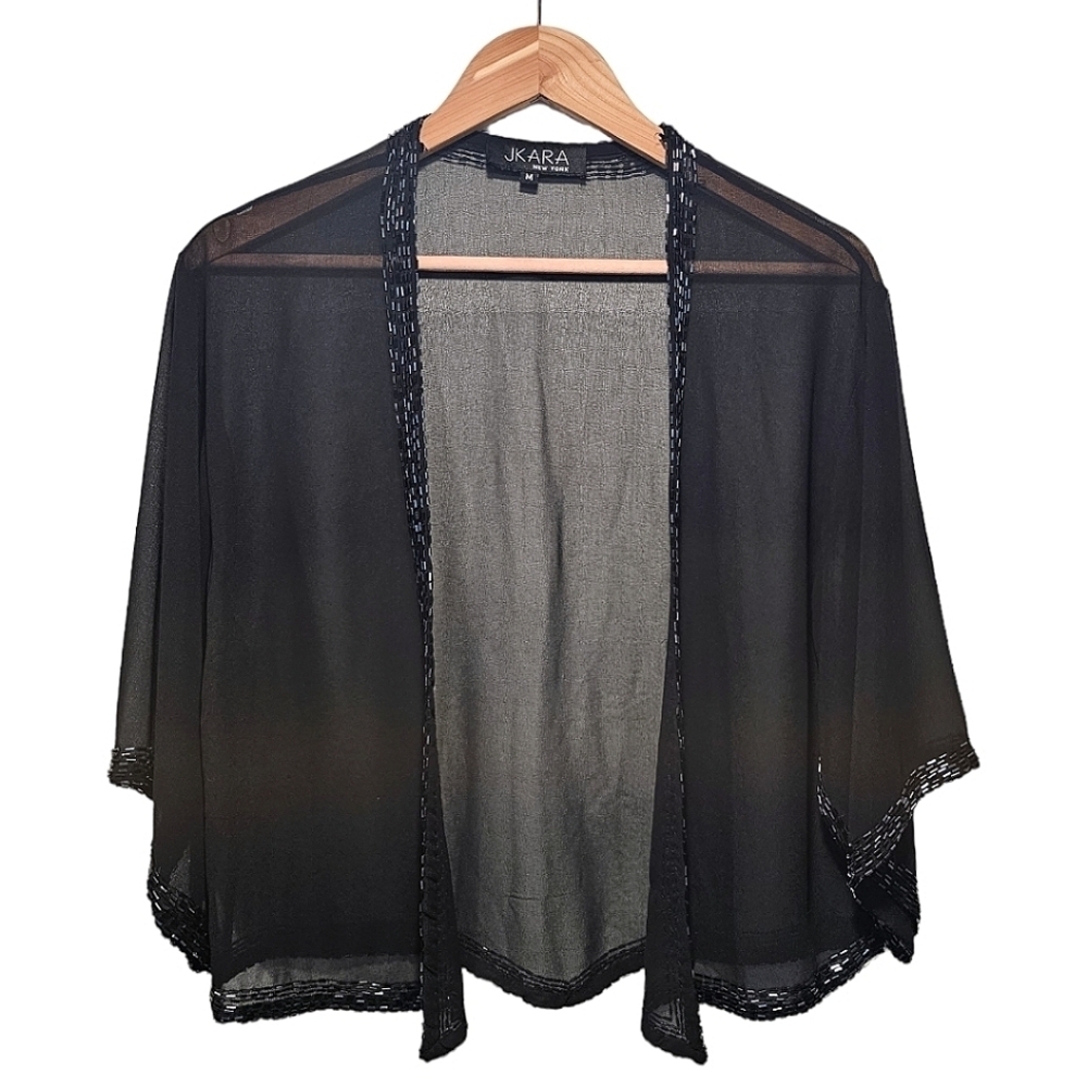 J Kara Sheer Beaded Open Front Evening Cardigan Medium Black Party 3/4 Sleeve